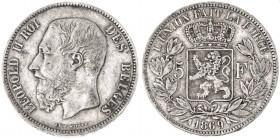 1869 Belgium 5 Francs Leopold II. KM-24. 25.00 g. Grade: VF/XF