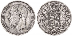 1873 Belgium 5 Francs Leopold II. KM-24. 25.00 g. Grade: VF/XF
