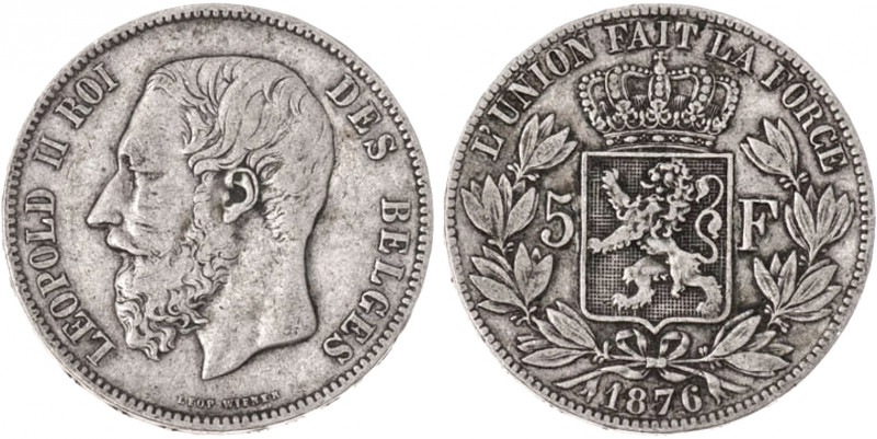 1876 Belgium 5 Francs Leopold II. KM-24. 25.00 g. Grade: VF/XF