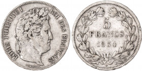 1834-BB France 5 Francs Louis Philippe I. KM-749.3. 25.00 g. Grade: VF/XF