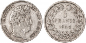 1834-D France 5 Francs Louis Philippe I. KM-749.4. 25.00 g. Grade: VF/XF