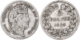 1835-W France 5 Francs Louis Philippe I. KM-749.1. 25.00 g. Grade: VF/XF