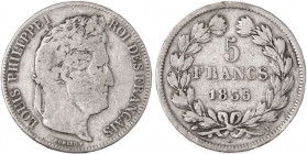 1835-I France 5 Francs Louis Philippe I. KM-749.6. 25.00 g. Grade: VF/XF