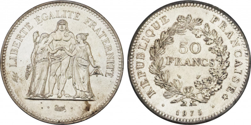 1975 France 50 Francs Republic. KM-941. 30.00 g. Grade: AU/UNC