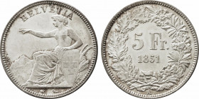 1851-A Switzerland 5 Francs Confederation. KM-11. 25,00 g. Grade: AU/UNC