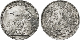 1855 Switzerland 5 Francs Confederation. KM-XS3. 24,90 g. Grade: AU/UNC