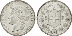 1888 Switzerland 5 Francs Confederation. KM-34. 25,00 g. Grade: AU/UNC