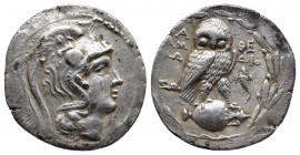 Attica, Athens AR New Style Tetradrachm. Circa 180/79 BC. Ammo- and Dio-, magistrates.
Obv: Head of Athena right, wearing crested Attic helmet decorat...
