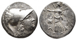 Pamphylia, Side AR Tetradrachm. Circa 205-100 BC. Attic standard. 
Obv:Head of Athena to right, wearing crested Corinthian helmet. 
Rev: Nike advancin...
