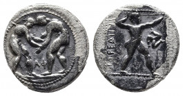 PAMPHYLIA. Aspendos. Stater (Circa 380/75-330/25 BC).
Obv: Two wrestlers grappling; AΦ between.
Rev: EΣTFEΔIIYΣ. Slinger in throwing stance right. Con...