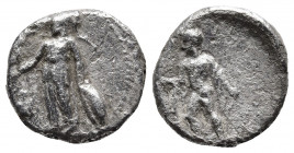 PAMPHYLIA. Side. Stater (Circa 400-350 BC).
Obv: Athena standing left, supporting shield and spear and holding Nike; pomegranate to left.
Rev: Apollo ...