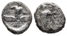 CILICIA. Issos. Tiribazos, satrap of Lydia, 388-380 BC. Stater.
Obv: [IΣΣIK-ON] /['tribzw' in Aramaic] Ba'al standing front, head to left, holding eag...