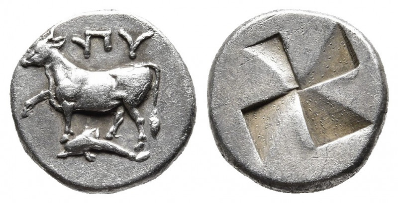 THRACE. Byzantion. Circa 340-320 BC. Drachm or siglos.
Obv: YΠY Heifer with fron...