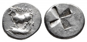 BITHYNIA. Kalchedon. Circa 340-320 BC. Drachm or siglos.
Obv: KAΛX Bull standing to left on a grain ear. 
Rev. Quadripartite incuse square in the form...