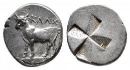 BITHYNIA. Kalchedon. Circa 340-320 BC. Drachm or siglos.
Obv: KAΛX Bull standing to left on a grain ear. 
Rev. Quadripartite incuse square in the form...