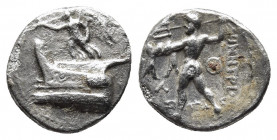 Kingdom of Macedon, Demetrios Poliorketes AR Drachm. Tarsos, circa 298-295 BC. 
Obv: Nike standing left on prow of galley left, blowing trumpet and cr...
