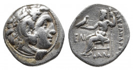 Kingdom of Macedon, Antigonos I Monophthalmos AR Drachm. In the name and types of Alexander III. Kolophon, circa 319-310 BC.
Obv: Head of Herakles to ...