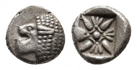 IONIA. Miletos. Obol or Hemihekte (Late 6th-early 5th centuries BC).
Obv: Forepart of lion right, head left.
Rev: Stellate floral design; all within i...
