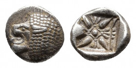 IONIA. Miletos. Obol or Hemihekte (Late 6th-early 5th centuries BC).
Obv: Forepart of lion right, head left.
Rev: Stellate floral design; all within i...