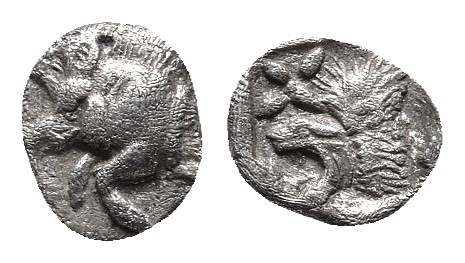 Mysia, Kyzikos AR Hemiobol. Circa 450-400 BC. 
Obv: Forepart of boar to left, tu...