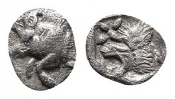 Mysia, Kyzikos AR Hemiobol. Circa 450-400 BC. 
Obv: Forepart of boar to left, tunny fish behind.
Rev: Head of roaring lion to left; star to upper left...