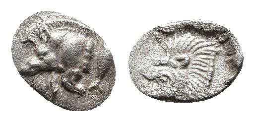 Mysia, Kyzikos AR Hemiobol. Circa 450-400 BC. 
Obv: Forepart of boar to left, tu...