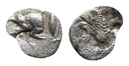 Mysia, Kyzikos AR Hemiobol. Circa 450-400 BC. 
Obv: Forepart of boar to left, tu...