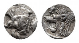 MYSIA. Kyzikos. Hemiobol (Circa 525-475 BC). 
Obv: Forepart of boar left; K retrograd on shoulder, tunny behind.
Rev: Head of roaring lion left; facin...