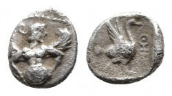 CILICIA, Mallos. Circa 440-390 BC. AR Obol.
Obv: Half-length bust of winged figure facing, head right, holding disk.
Rev: Swan running right, wings fl...