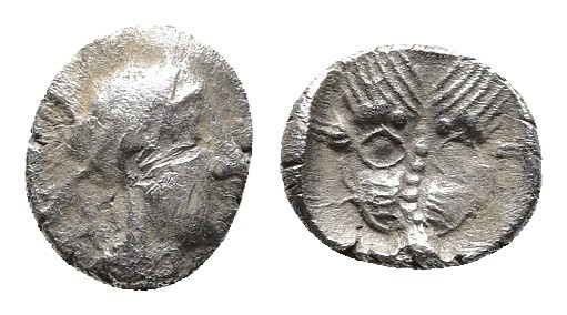 Judaean. Samaria, uncertain mint AR Obol. Circa 375-333 BC. 
Obv: Helmeted head ...