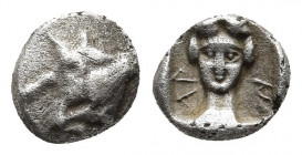 CILICIA, Mallos. Circa 440-390 BC. AR Obol.
Obv: Forepart of man-headed bull left.
Rev: M-AP. Female head facing within incuse square. 
Göktürk –; Tro...