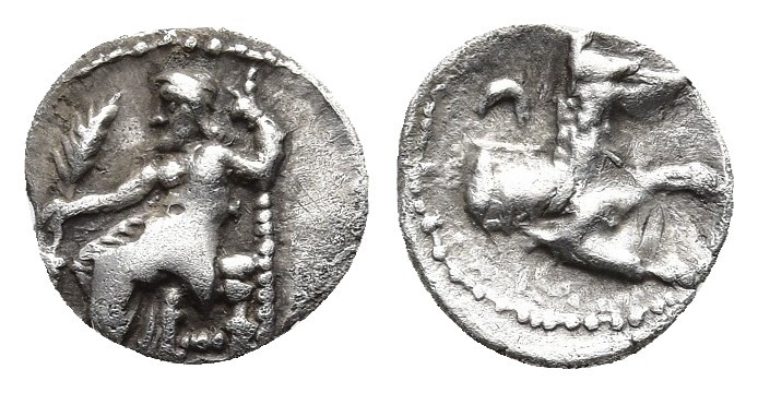 LYCAONIA. Laranda. Circa 324/3 BC. Obol.
Obv: Baal seated left, torso facing, ho...