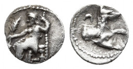 LYCAONIA. Laranda. Circa 324/3 BC. Obol.
Obv: Baal seated left, torso facing, holding grain ear and grape bunch in extended right hand, scepter in lef...