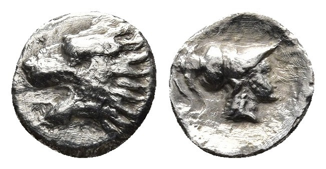 Pamphylia. Side circa 370-360 BC. 
Obol AR
Obv: Head of a lion to left.
Rev: Hea...