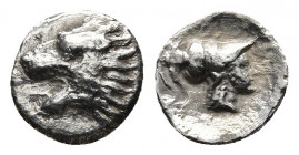 Pamphylia. Side circa 370-360 BC. 
Obol AR
Obv: Head of a lion to left.
Rev: Head of Athena to right, wearing crested Corinthian helmet, pendant earri...