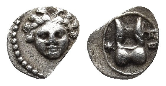 CILICIA. Kelenderis. Obol (Circa 410-375 BC).
Obv: Facing Medusa.
Rev: KE. Ast...