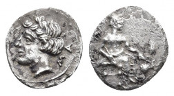 Cilicia. Mallos circa 385-375 BC. AR Obol
Obv: Laureate head of Apollo (?) to left. MA to right.
Rev: Baaltars seated right, holding grain ear and gra...