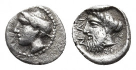 CILICIA. Nagidos. Circa 400-380 BC. Obol. 
Obv: Head of Aphrodite to left, hair bound in sphendone.
Rev. ΝΑΓΙ Bearded head of Dionysos to left. 
Göktü...