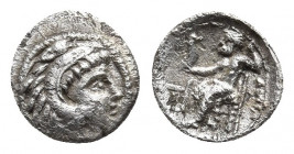 Kings of Macedon. Uncertain mint. Alexander III "the Great" 336-323 BC. Obol AR.
Obv: Head of Herakles to right, wearing lion skin headdress.
Rev: [ΑΛ...