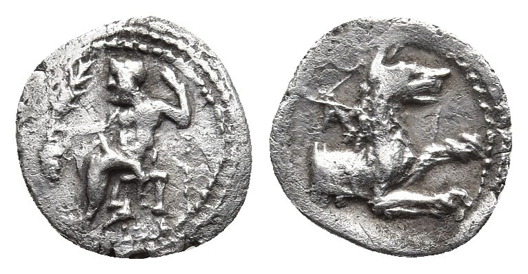 Lykaonia, Laranda AR Obol. Circa 324-323 BC. 
Obv: Facing head of Herakles, with...