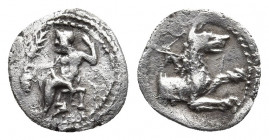 Lykaonia, Laranda AR Obol. Circa 324-323 BC. 
Obv: Facing head of Herakles, with club over shoulder.
Rev: Forepart of wolf to right; star above. 
Gökt...
