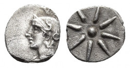 Crete, Itanos AR Obol. Circa 320-270 BC. 
Obv: Helmeted head of Athena to left.
Rev: Star of eight rays around a central pellet. 
Svoronos, Numismatiq...