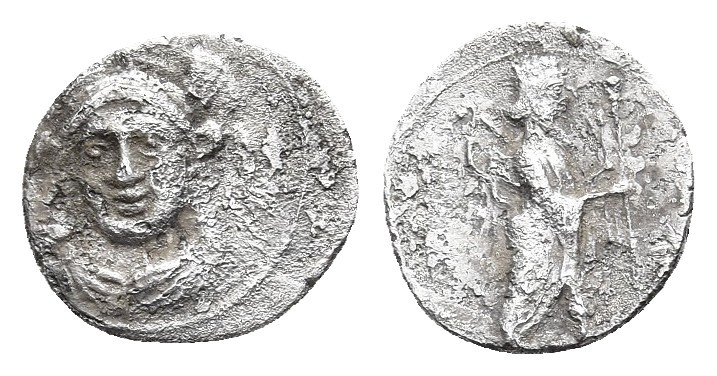CILICIA. Uncertain. Circa 4th century BC. Obol.
Obv: Facing draped bust of Athen...