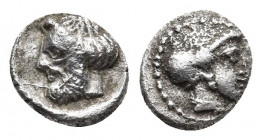 Cilicia. Nagidos circa 400-380 BC. Obol.
Head of Aphrodite to right, her hair bound up at the back.
Rev: Head of Dionysos to left, to left.
SNG BN 15 ...