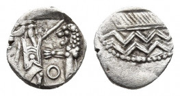 Judaea. Samaria, uncertain mint AR Obol. Circa 375-333 BC. 
Obv: Sidonian galley to left over waves. 
Rev: Persian king battling lion, O between; all ...