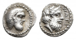 CILICIA. Nagidos. Circa 400-380 BC. Obol.
Obv: Head of Pan to right. 
Rev: ΝΑΓΙ Head of Dionysos to right. 
Göktürk 4. SNG BN 16. SNG Levante 4. A lov...