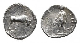 ASIA MINOR. Uncertain mint. 4th century BC. Obol.
Obv: ΥΓΕ Figure standing left, right arm raised and left at his side.
Rev: ΥΓΕ Bull butting to rig...