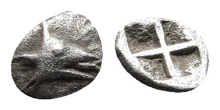 Mysia. Kyzikos 520-480 BC. AR Hemiobol.
Obv: Head of tunny fish left.
Rev: Quadr...