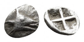 Mysia. Kyzikos 520-480 BC. AR Hemiobol.
Obv: Head of tunny fish left.
Rev: Quadripartite incuse square
Von Fritze, Kyzikos IX, 34, 3; SNG France 359.
...