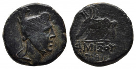 Pontos. Amisos. Time of Mithradates VI Eupator circa 120-63 BC. Bronze Æ
Obv: Head of Perseus right, wearing Phrygian cap.
Rev: AMIΣOY, Pegasos grazin...